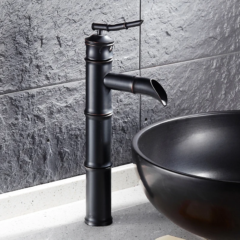 

High Black Oil Rubbed Bronze Bathroom Vessel Faucet Waterfall Basin Mixer Tap Tall Body bamboo shape