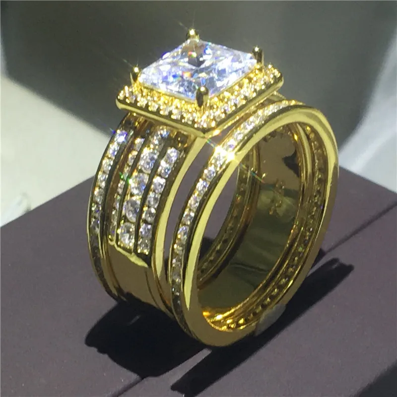 Vecalon Princess cut 3-in-1 ring set Yellow Gold Filled 925 Silver 5A Zircon Cz Engagement wedding Band rings for women Men Gift