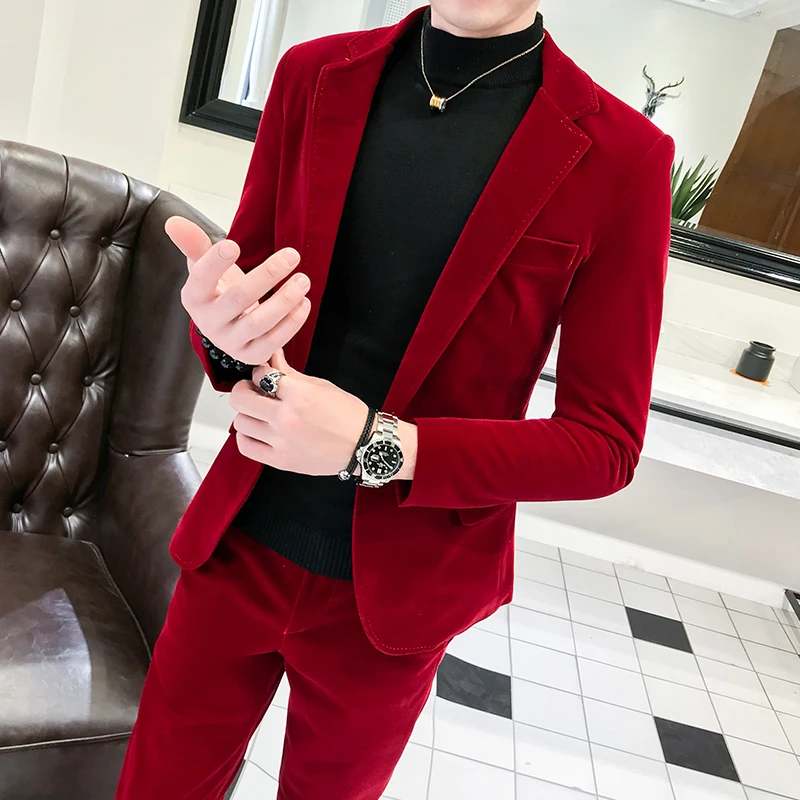 Elegant Wine Red Suits Mens Velvet Luxury Suits For Mens Groom Wedding Velour Suits Gentlemen Dress 2 pcs Flannel Green Burgundy