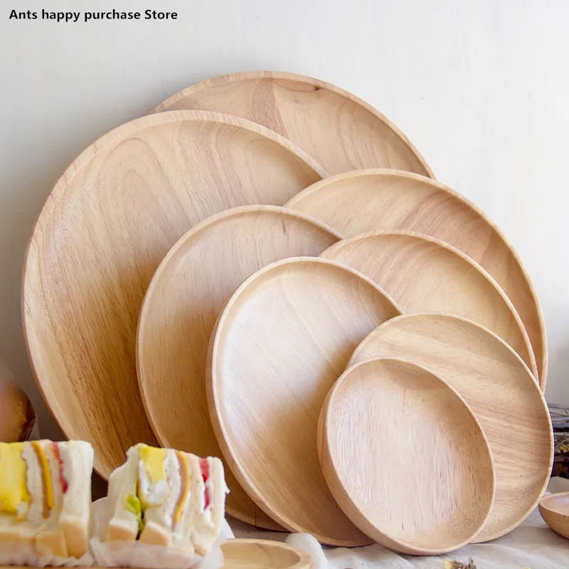 Rubber wood Round Japanese style dinner plate beef steak fruit Snacks tray tea tray Restaurant storage plate Solid wood plates