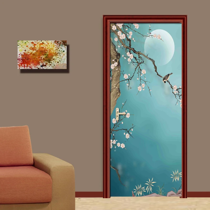 PVC Waterproof Self-adhesive 3D Door Stickers Living Room Bedroom Door Home Decor Hand-painted Plum Bird Mural Door Wallpaper