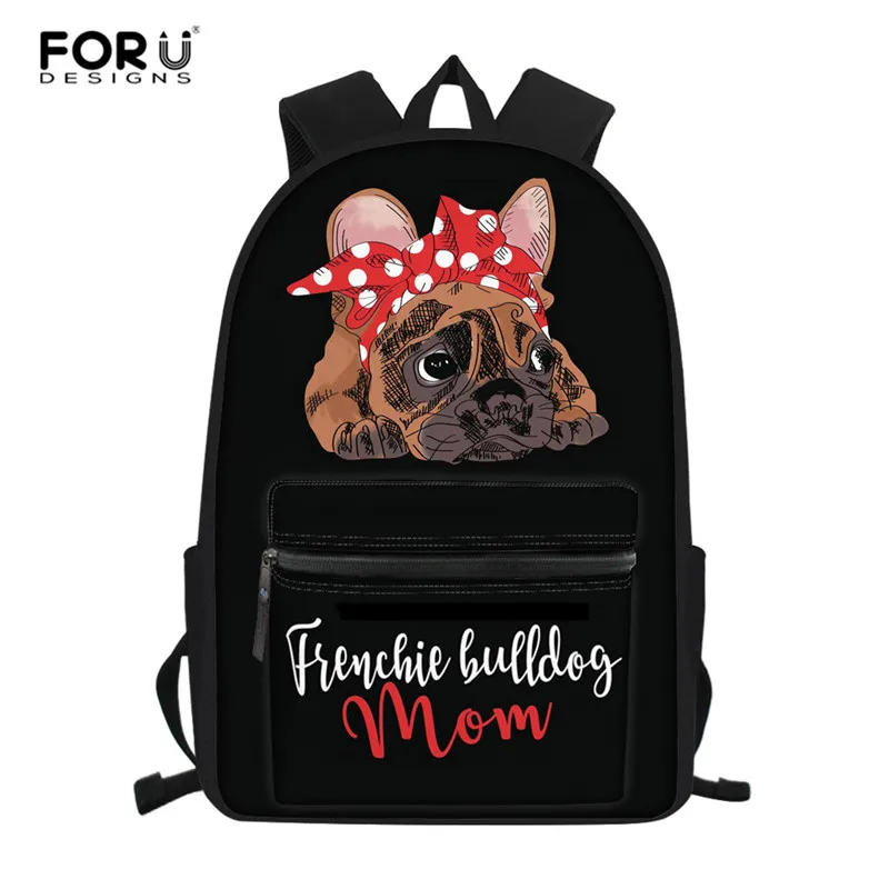 

FORUDESIGNS Children School Bag Pug Dog English/French bulldog Backpack for Girls Middle Primary School Book Bag Women Daily Bag