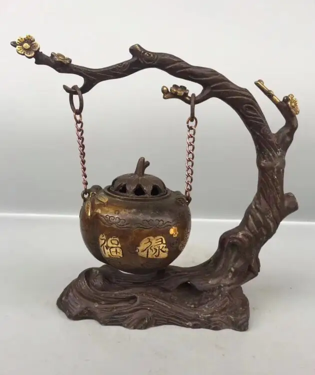 

China archaize brass fu lu shou hanging incense burner crafts statue