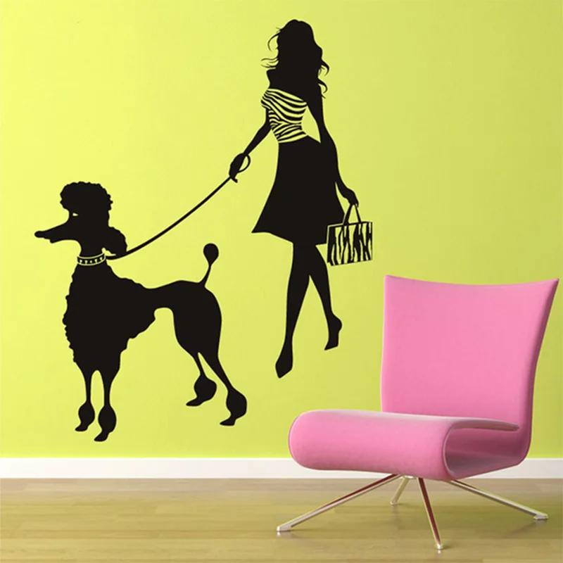 Fashion Lady Custom Made Colour Modern Girl And Poodle Wall Sticker Poodle Wall Decal Art Dog Wall Stickers Home Decor 117x145cm