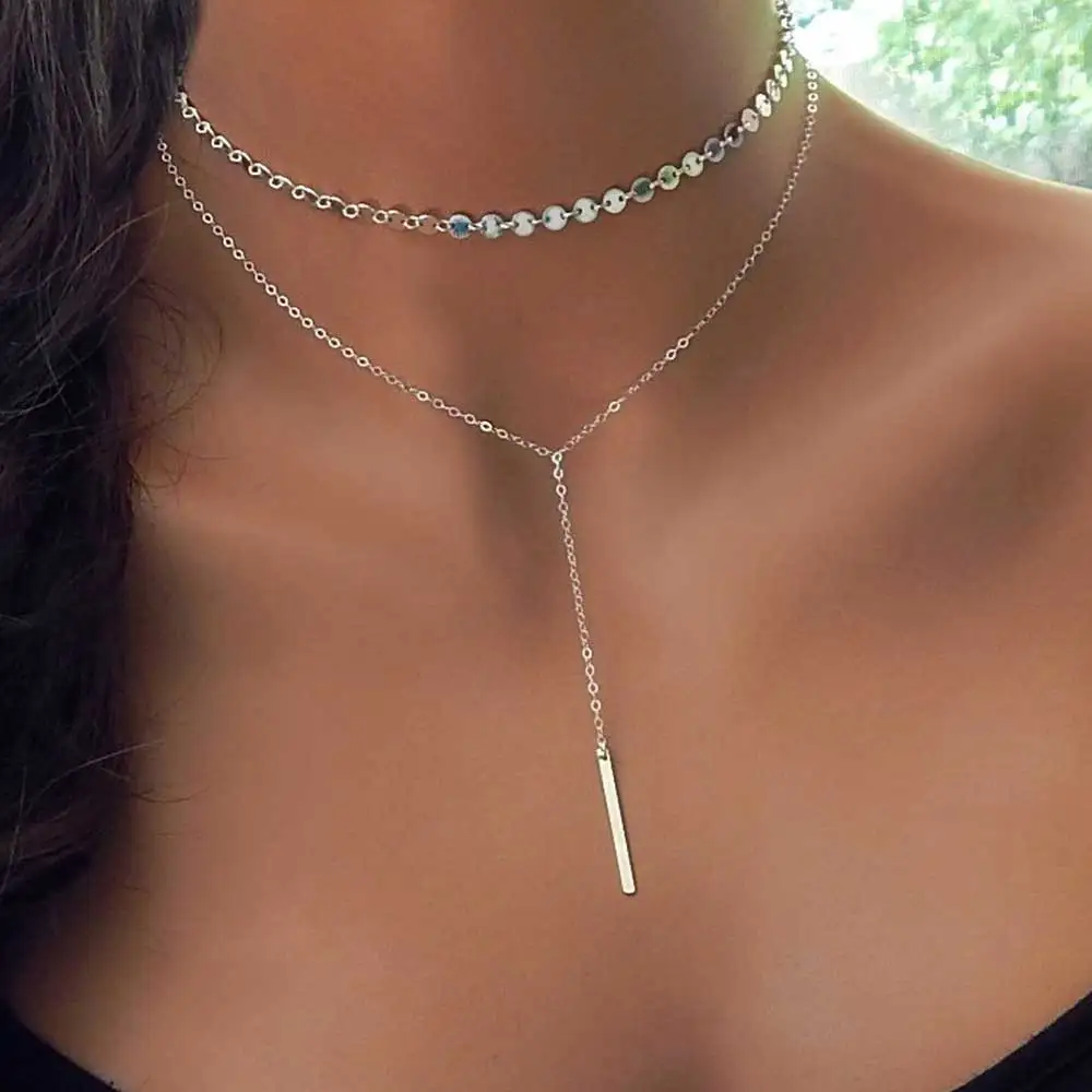 ALIUTOM Fashion Boho Coin Choker Layered of 2 Necklace Set Y Lariat Silver Color Bar Pendant Necklace Girlfriend Gift