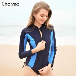 Charmo-traje de baño de manga larga con cremallera para mujer, ropa de baño para surfear, Top de surf, ropa de playa, UPF50 +, camisa para correr, ciclismo