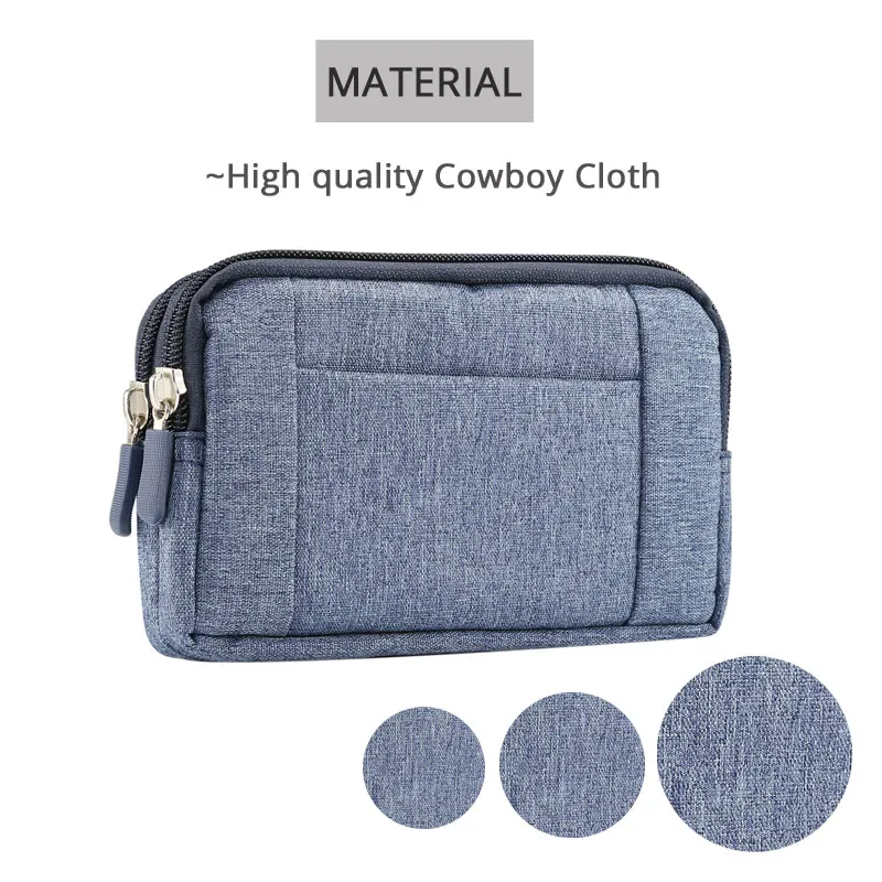 CHEZVOUS Cowboy Cloth Phone Pouch Belt Clip Bag for iPhone Samsung Xiaomi Huawei Case 2 Zippers Card Pocket Waist Bag Universal