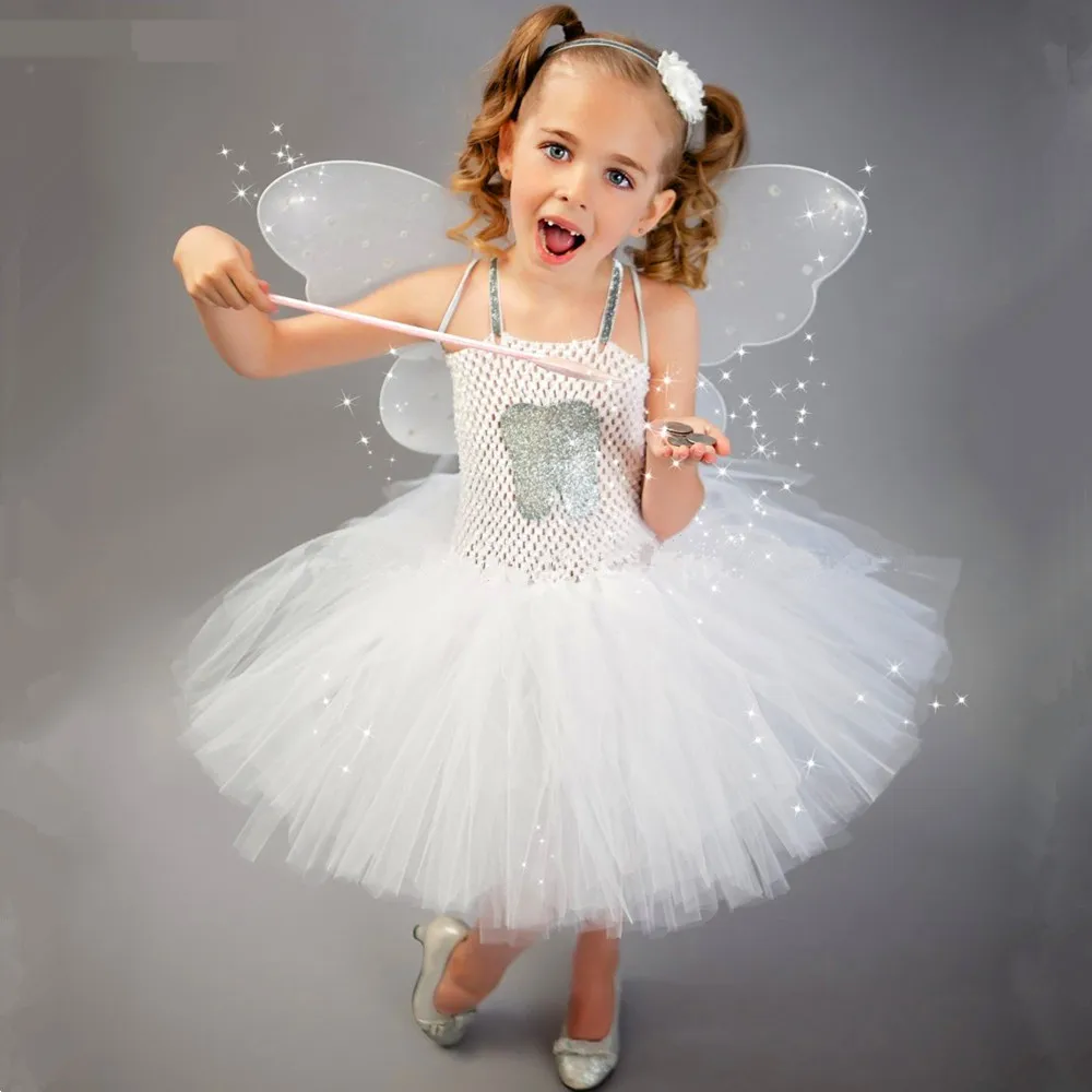 New Set Tooth Fairy Tutu Dress With Wings Outfit White Children Kids Halloween Costumes Cute Tulle Girls Birthday Party Dresses