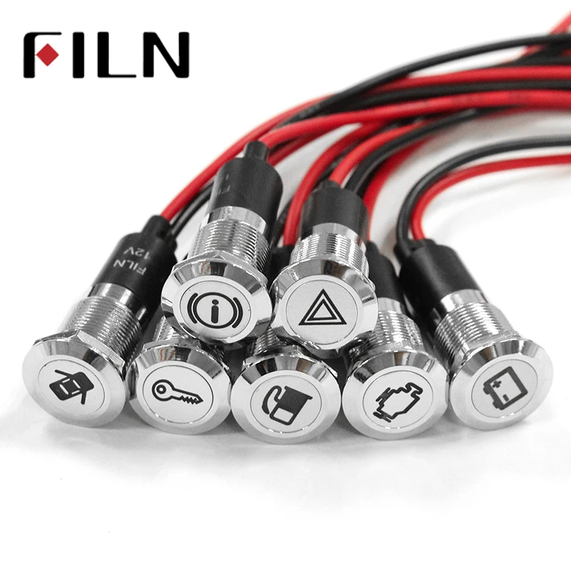 FILN FL1M-14FW-C 14mm panel hole led red yellow blue green car applicance symbol 12v led indicator light with 20cm cable