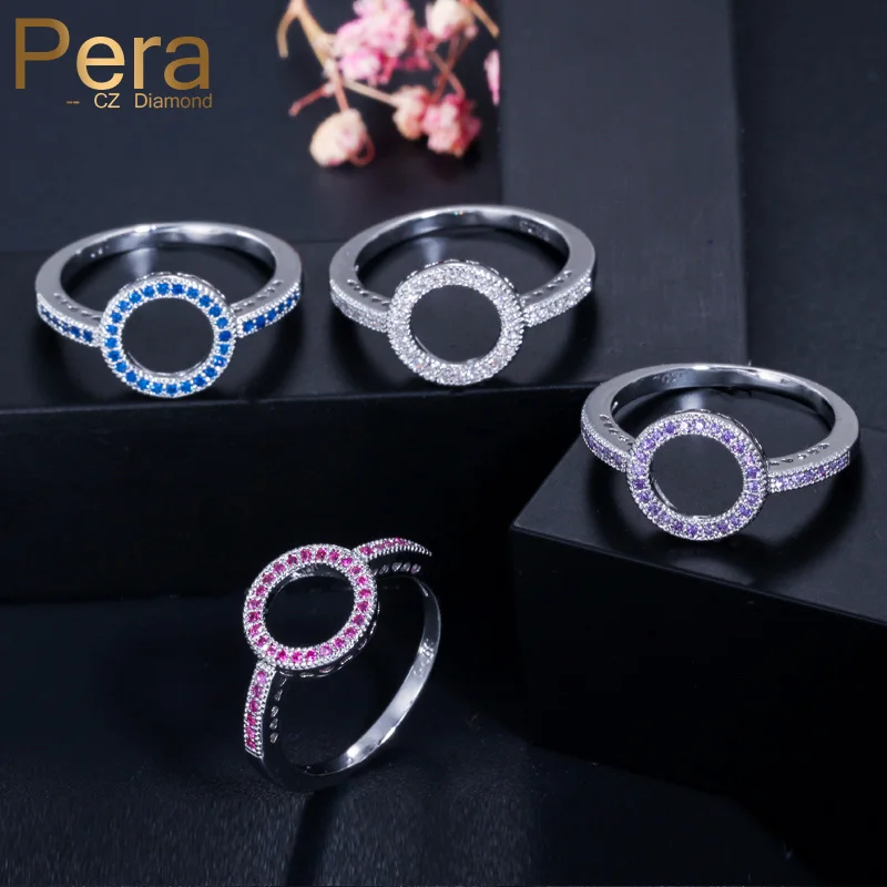 Pera Elegant Women Silver Color Jewelry Big Hollow Out Round Cut Cubic Zirconia Finger Rings for Ladies Engagement Party R095