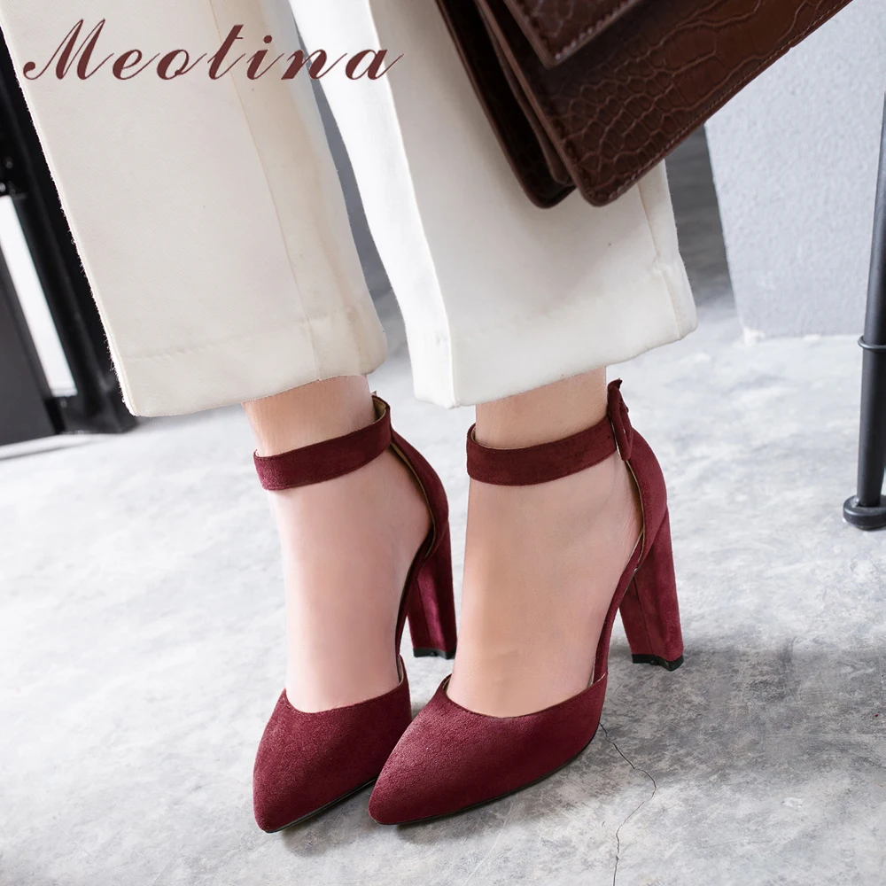 Meotina High Heels Women Shoes Buckle Thick High Heels Wedding Shoes Sexy Pointed Toe Ankle Strap Pumps Female Red Big Size 4 43