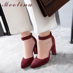 Meotina tacchi alti scarpe da donna fibbia tacchi alti spessi scarpe da sposa Sexy scarpe a punta cinturino alla caviglia décolleté donna rosso Big Size 4 43