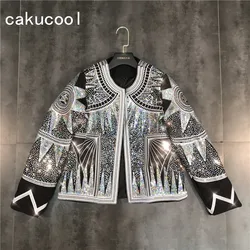 Cakucool女性光沢のあるジャケット2019シルバースパンコール幾何ボンバージャケットoネック国籍embroidコートカジュアルなアウターウェア女性