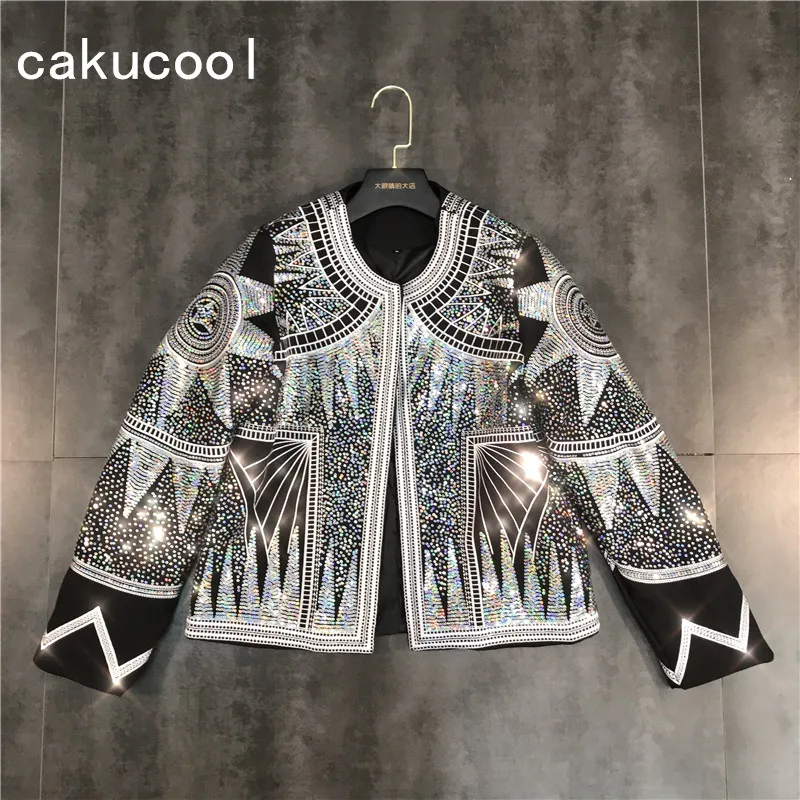 Cakucool Women Shiny Jacket 2019 Silver Sequins Geometric Bomber Jackets O neck Nationality Embroid Coat Casual Outerwear Female