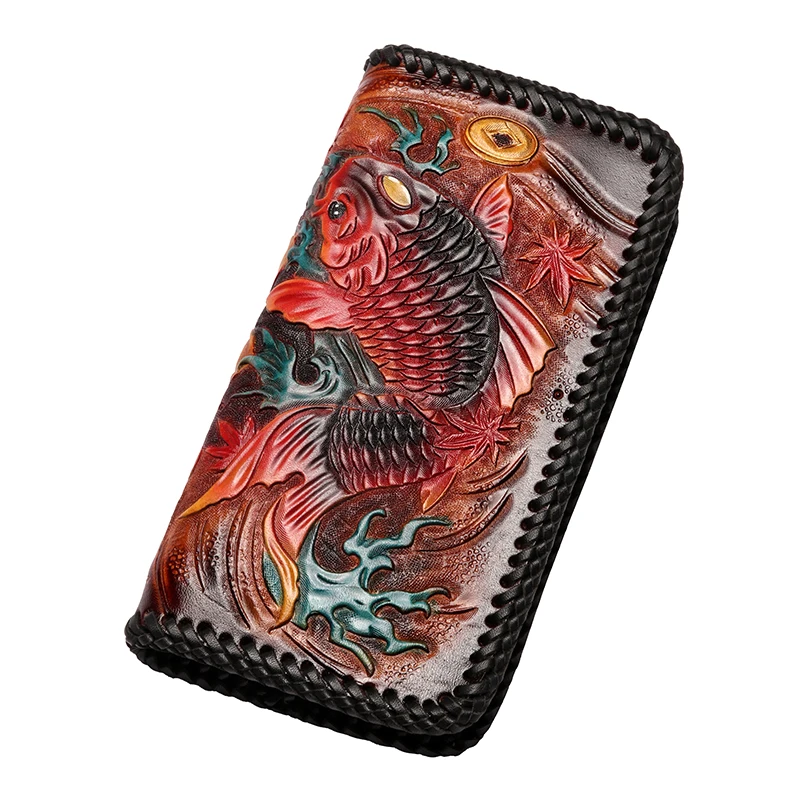 Hand Engraving Men Genuine Leather Knitting Wallets Carving Carp Bag Purses Women Clutch Vegetable Tanned Leather Wallet Gifts