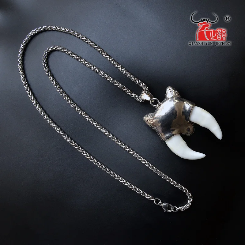YX002 Men\'s Bone Pendant Necklace Stainless Steel Necklace Tibetan Amulet Fangs Real Natural Tooth Vintage Wolf Tooth Charm
