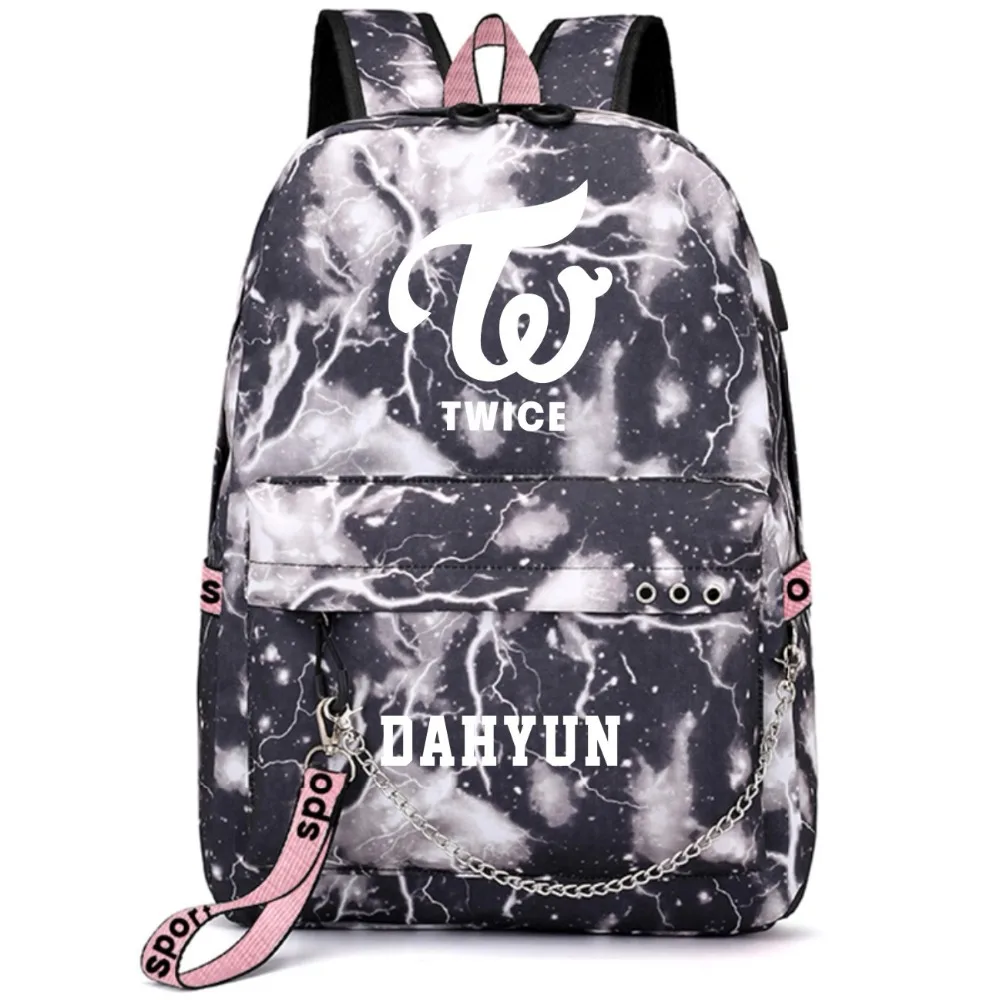 Twice Ji Hyo Tzuyu Mina Korean Backpack School Bags Galaxy Thunder Mochila Bags Laptop Chain Backpack USB Port