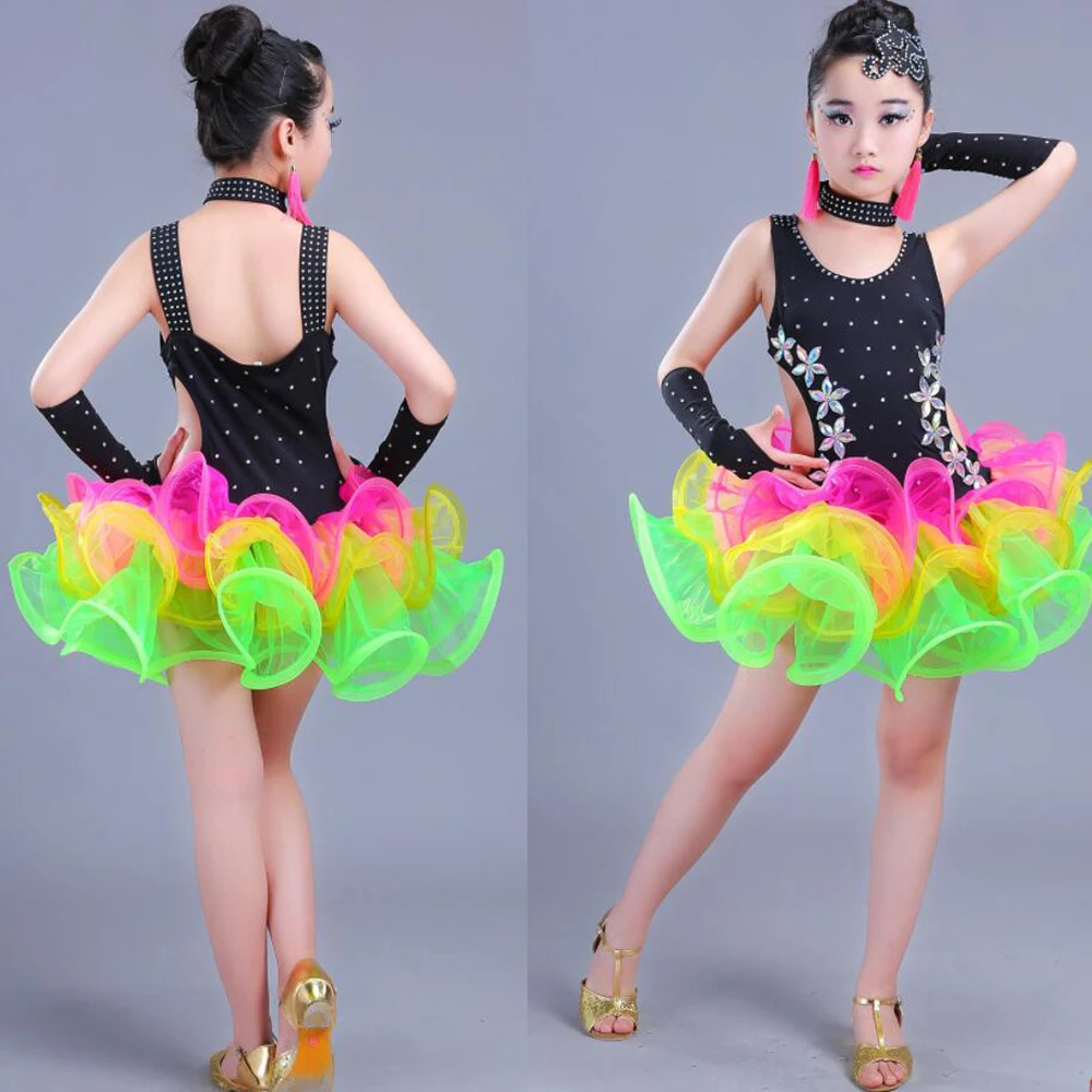 Children Jazz Latin Dance wear Costumes Girls Sequined Ballroom Dancing dress Kids Performance salsa Latin dance Outfits