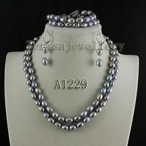 

wholesale gary color AA 7-8MM 2row Fresh Water Pearl Necklace bracelet earring beautiful pearl fashion women's jewelry set A1229