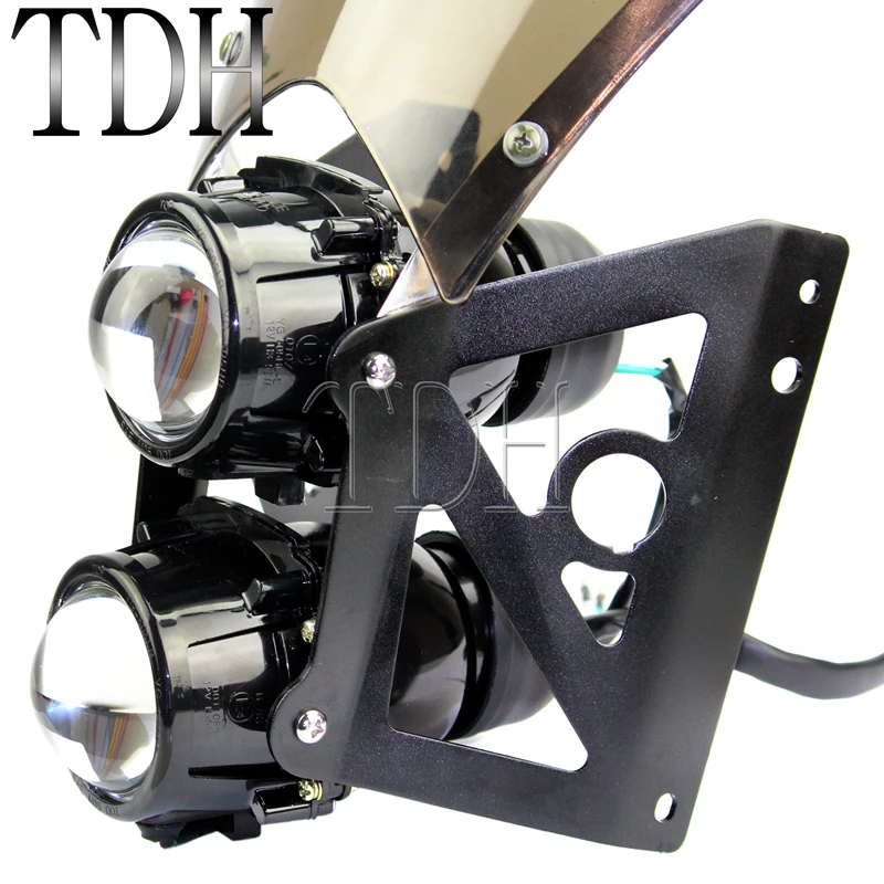 Motorcycle Universal Twin Stacked Projector Headlight With Black Brackets Windscreen Street Motor Dual Sport For Honda Kawasaki