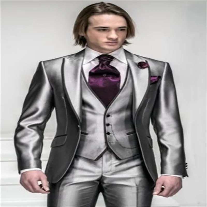 

New Korea-Satin Bright Silver With Black Brim Groom Tuxedos Man Wedding Suits Prom/Formal/Bridegroom Suit (Jacket+Pants+Ves