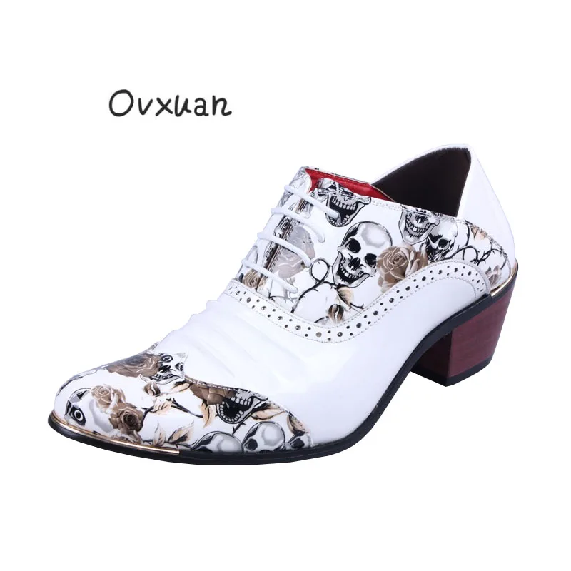 OVXUAN Men Skull Punk Western Cowboy Boots Mens Fashion Designer 6CM High Heel Wedge Leather Shoes White Pointed Ankle Boots Men