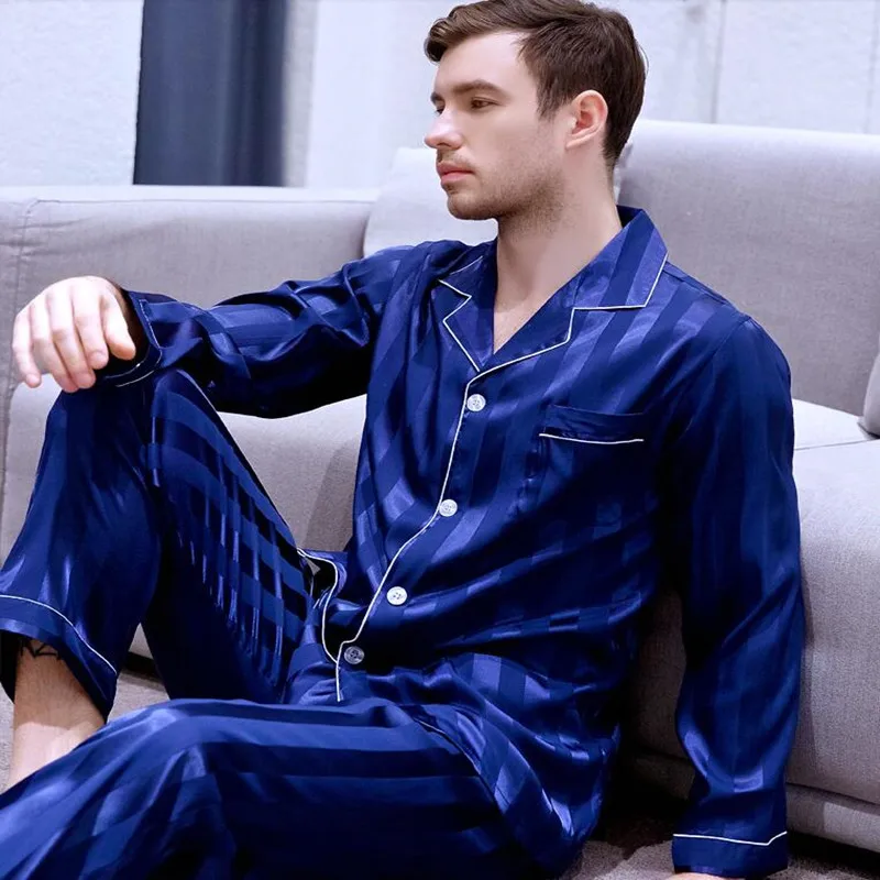 Men's Plus Size Ice Silk Satin Nightwear Long Sleeved Leisure Youth Home Suit All Seasons Students Sleepwear Set Loungewear J025