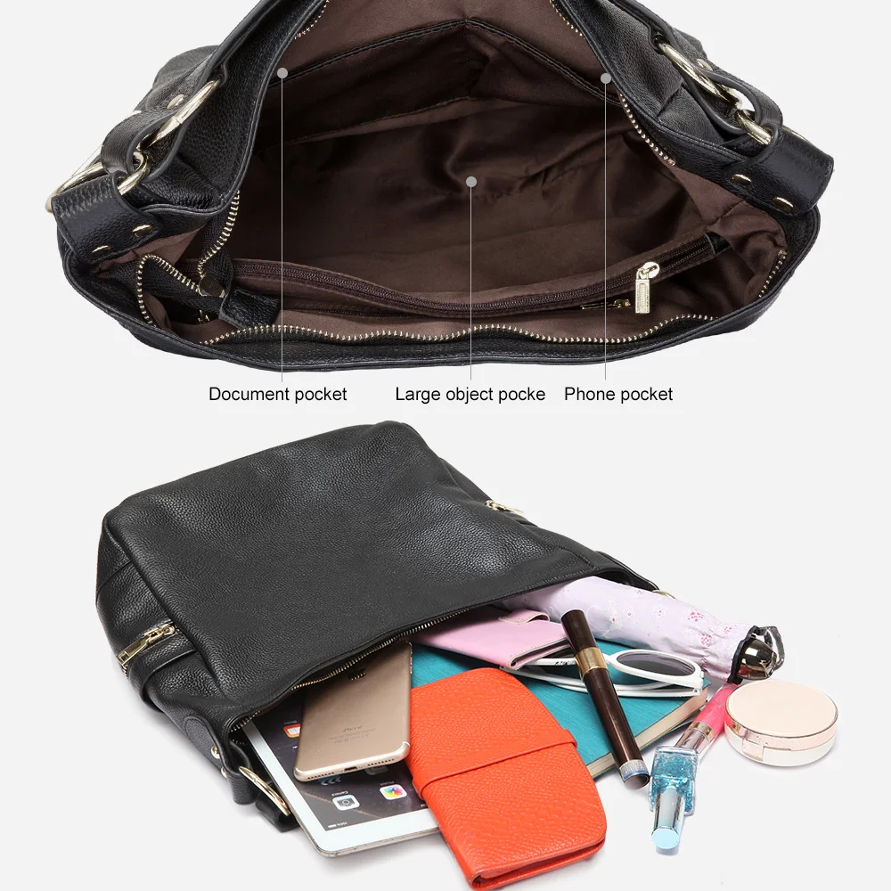 Zency Elegant 100% Genuine Leather Women Hobo Handbag Shoulder Bag Large Capacity Lady Zipper Red Purse Quality Black Mor Pocket