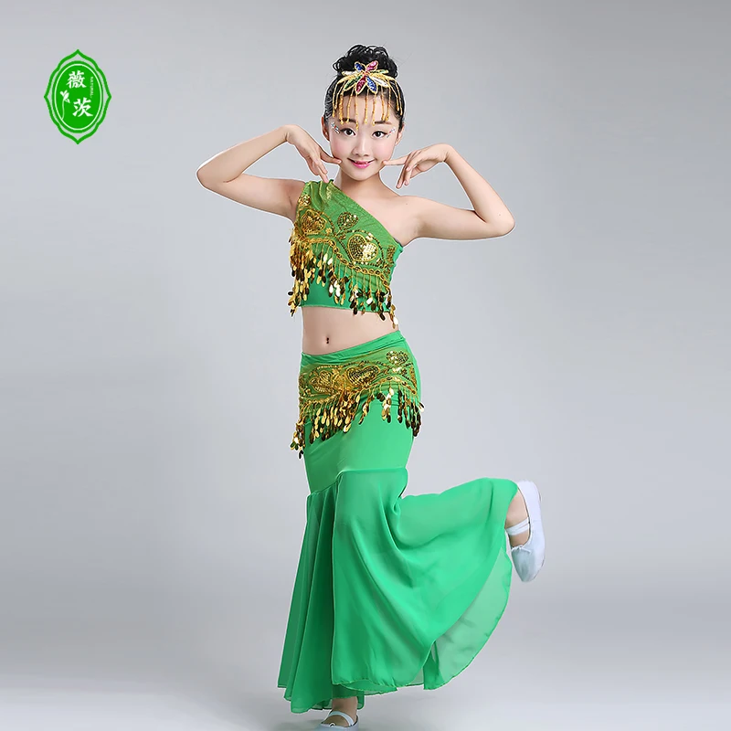 Children\'s Dai Dance Costume Girls Peacock Dance Costumes Children\'s Belly Dance Fishtail Dress Performance Costume