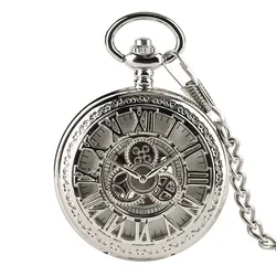 Fob Mechanical Hand Wind Pocket Watches with Chain Necklace Hollow Crown Pointers Roman Numbers Silver Watch Elegant Clock Gifts