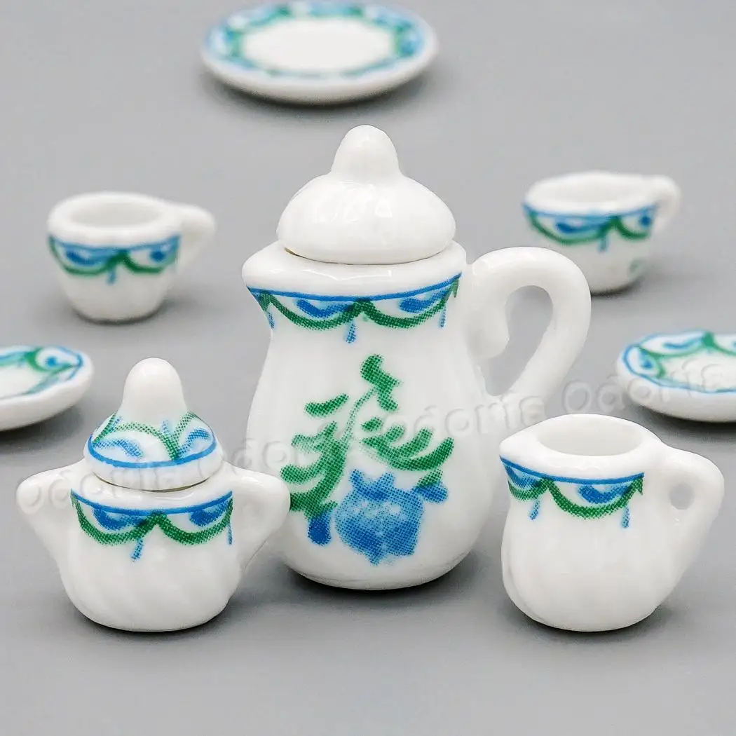 Odoria 1:12 Miniature Porcelain Tea Cup Set 15PCS Green Blue Border Flower Tableware Teaware Kitchen Dollhouse Accessories Decor