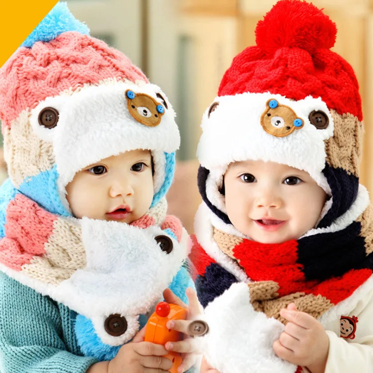 Child Baby Girls Hat Winter Warming Set Baby Cotton Hats Babies Boys Snow Plus Velvet Wool Hat For Kids Ear Protect Hat +Scarf