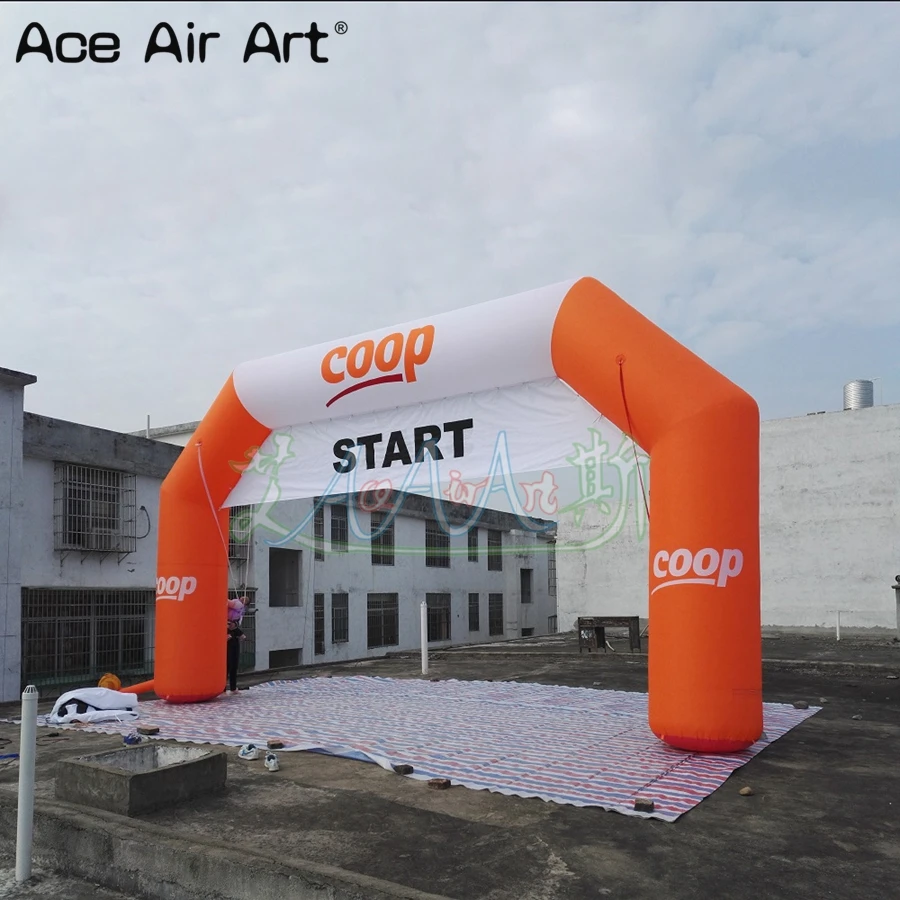 Concise White and Orange Inflatable Arch Gate with Removable Start and Finish Banner for Racing