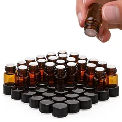 24pcs 1ml 2ml Essential Oil Sample Bottle Empty Amber Glass Mini Vials with Orifice Reducer Black Lids for doTERRA Young Living