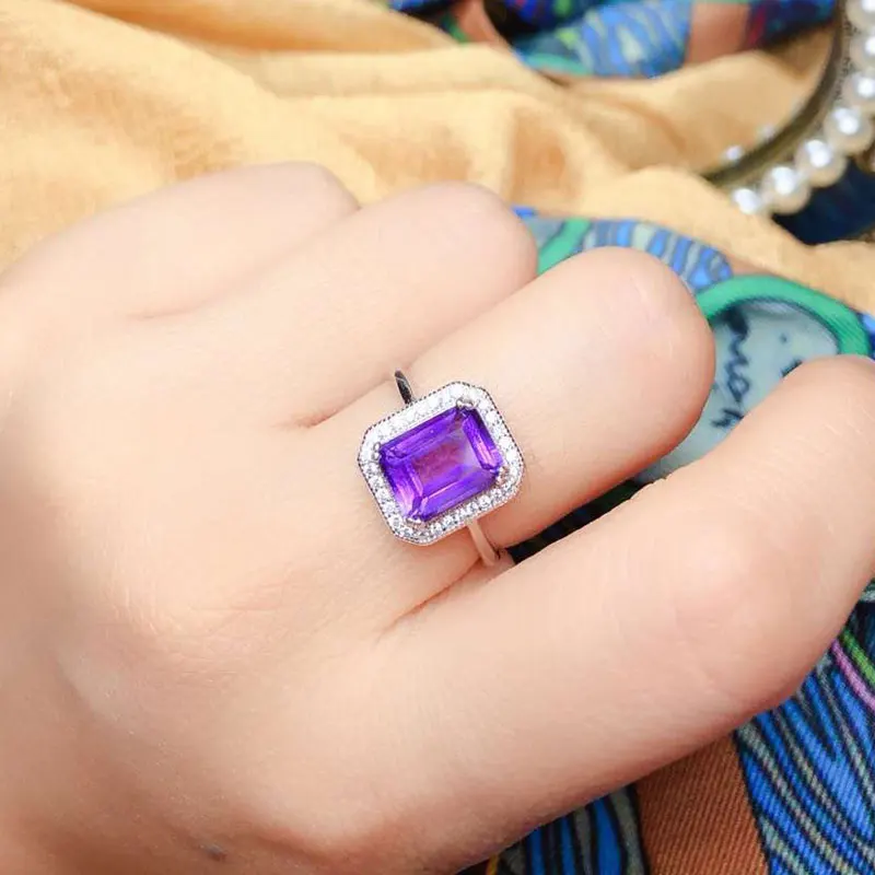 CoLife Jewelry Silver Amethyst Ring for Office Woman Natural Emerald Cut Amethyst Silver Ring Sterling Silver Amethyst Jewelry