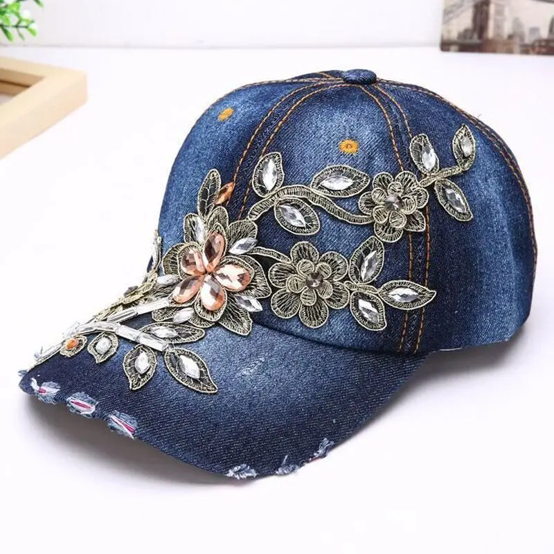 Delicate 2017 New Women Diamond Flower Baseball Cap Summer Style Lady Jeans Hats Hot Selling wholesale