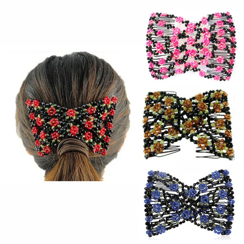 New Arrival Chic Stretch Rose Flower Bow Glass Bead Hair Head Comb Cuff Double Insert Clips For Gifts Women Fashion Accessory