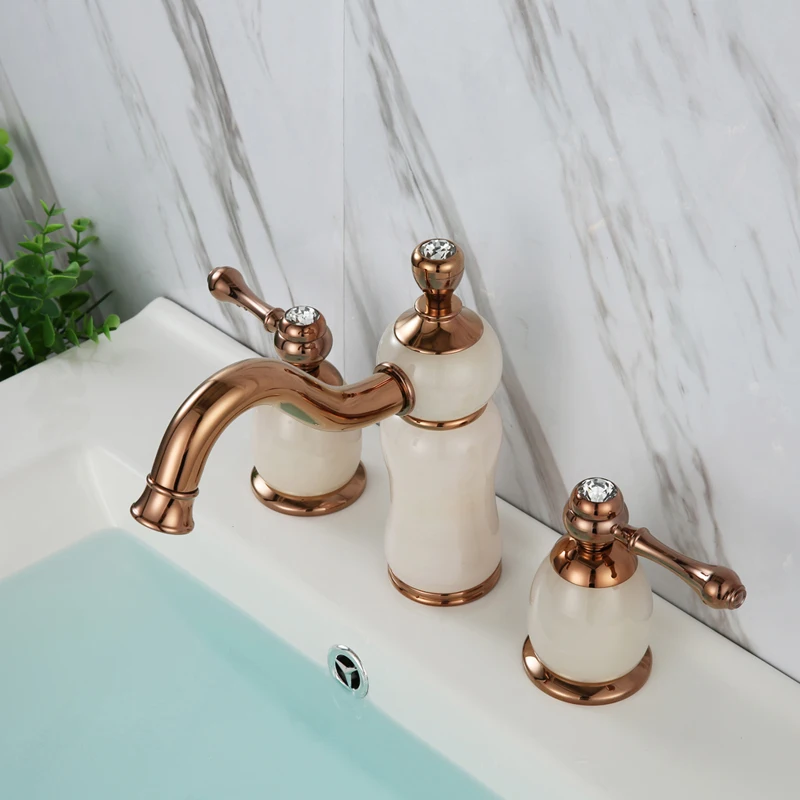 Luxury Rose Gold Brass Natural jade Bathroom Sink Faucet  Art Basin Mixer Taps three holes high quality Lavatory Faucet--SM5386