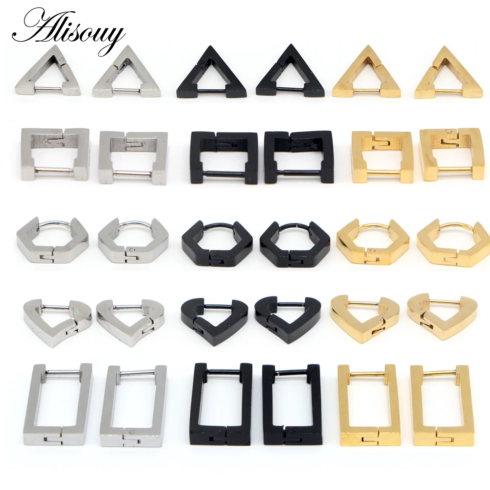 Alisouy 2pcs Triangle Square Rhombus Rectangle Love Heart 316L Stainless steel Men Women Lovers couple ear drop Dangle Earrings