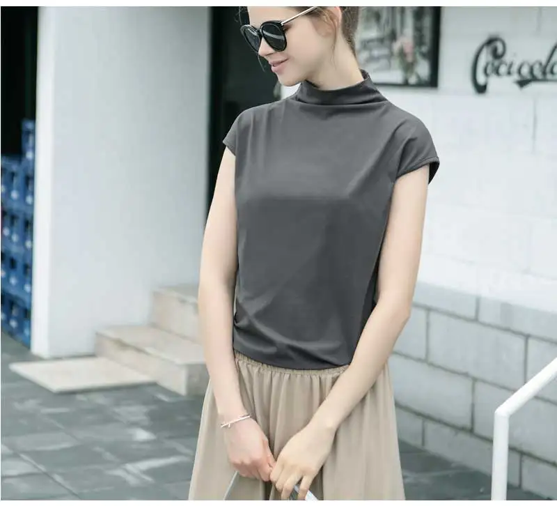 100%Cotton Modal Stretch t shirt women 2024 Summer Turtleneck Sleeveless tee shirt femme harajuku t-shirt tops streetwear tshirt