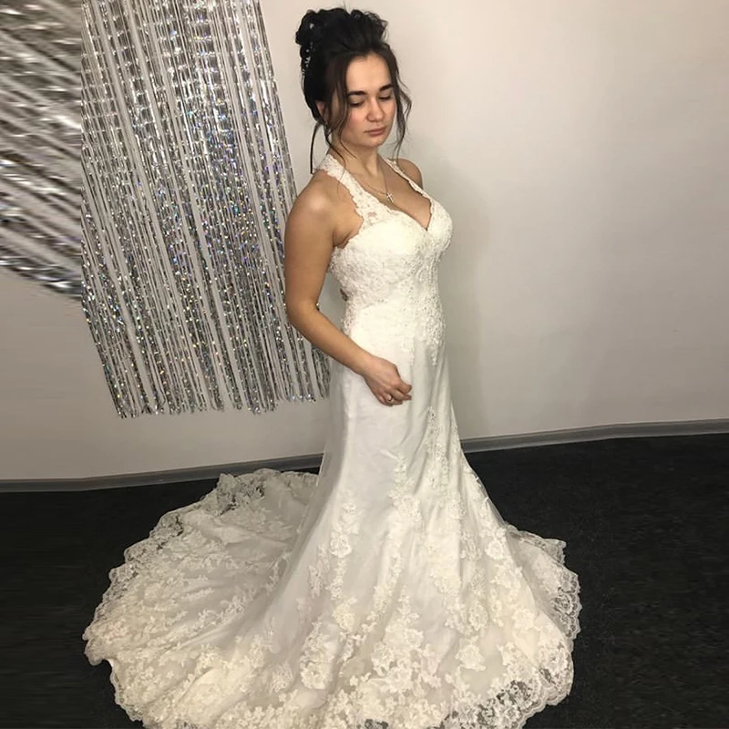 Halter Neck Mermaid Wedding Dress Appliques Backless Chapel Train Bridal Gowns 2019 New Arrival Vestido De Novia Wedding Gowns