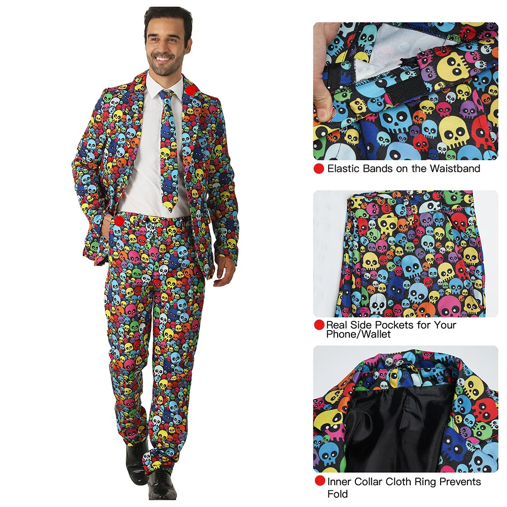 Eraspooky-Blazer à Imprimés de Modules Multicolores pour Homme, Costume d'Halloween, Coupe Cintrée, Costumes de ixde Carnaval, Cravate, pour Adultes