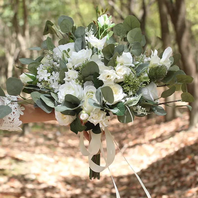 JaneVini Elegant Boho Wedding Bouquet White Bridal Flowers Real Touch Artificial Silk Roses for Bridesmaid Wedding Accessories