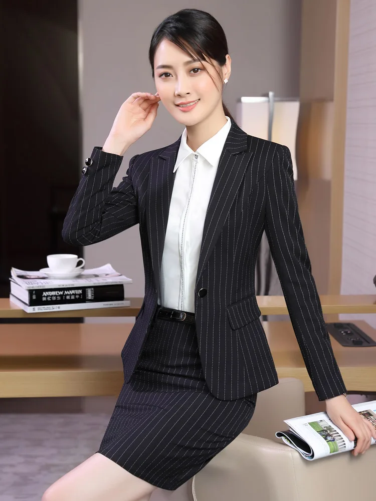 Baru Wanita Stripe Panjang Lengan OL Ramping Profesional Wanita Setelan Profesional Kantor Setelan Wawancara Suit