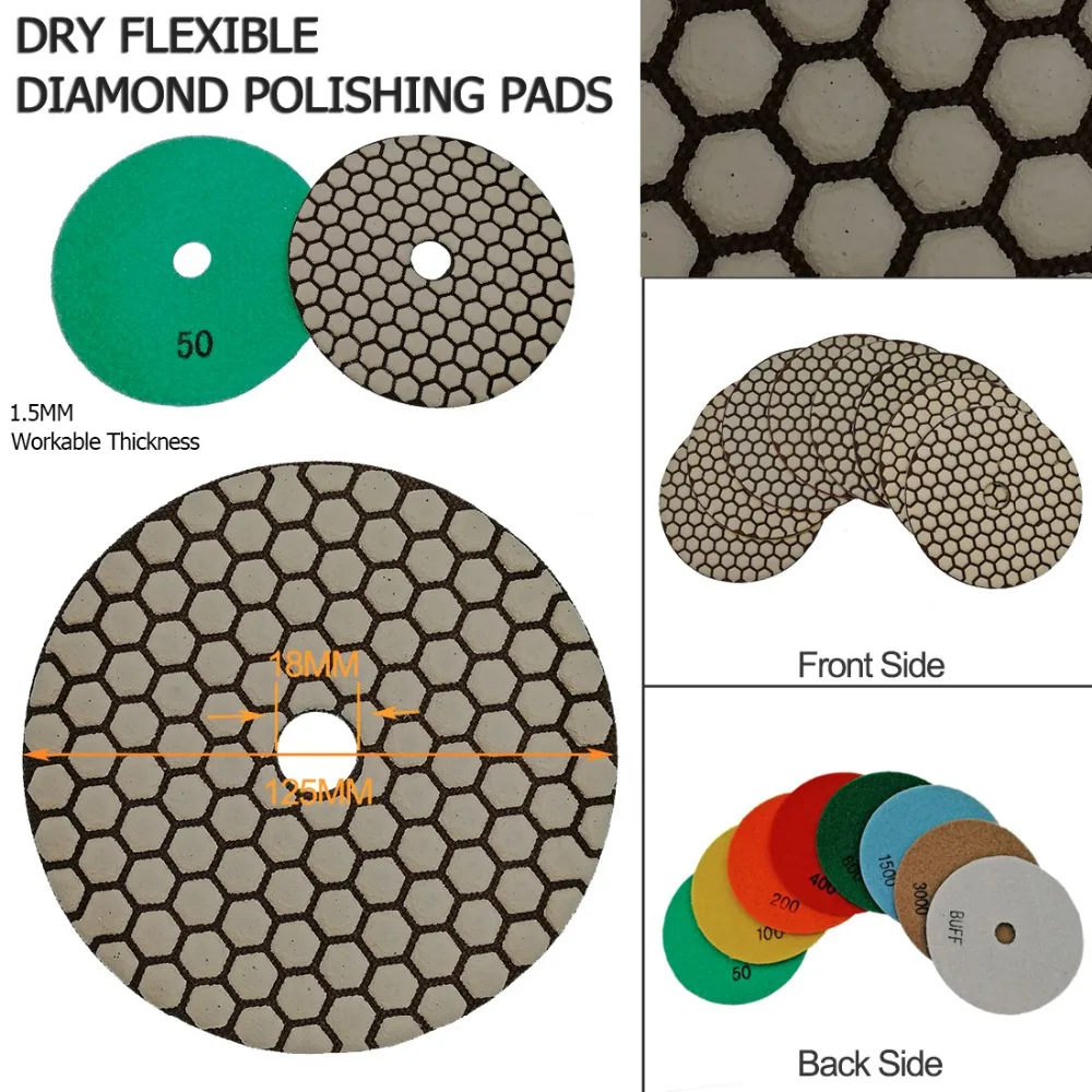 SHDIATOOL 8pcs/Set Diamond Flexible Dry Polishing Pads 125mm 5\