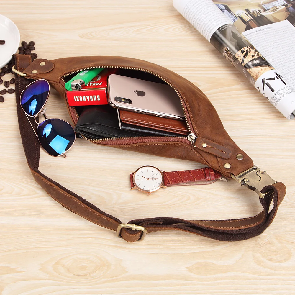 NEWEEKEND Genuine Crazy Horse Leather Waist Packs For Men Travel Fanny Pack Belt Length Male Small Waist Bag For Phone Pouc