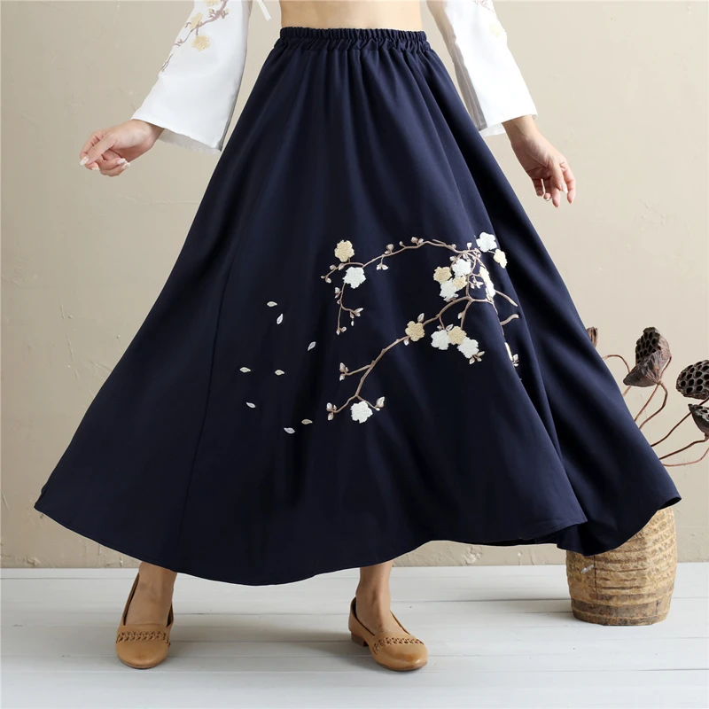 LZJN-Embroidery Long Skirt for Women, Fashion Chinese Clothing, High Waist, Aqua Flare Skirts, Saia, Longa, Summer