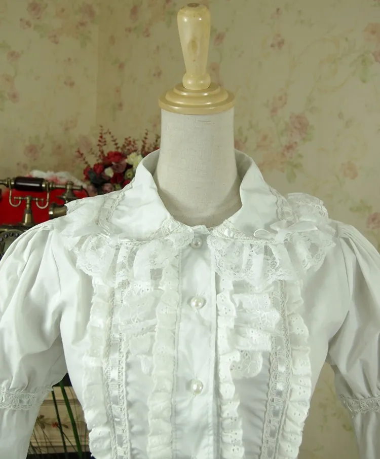 Spring Women White Shirt Vintage Victorian Ruffled Lace Blouse