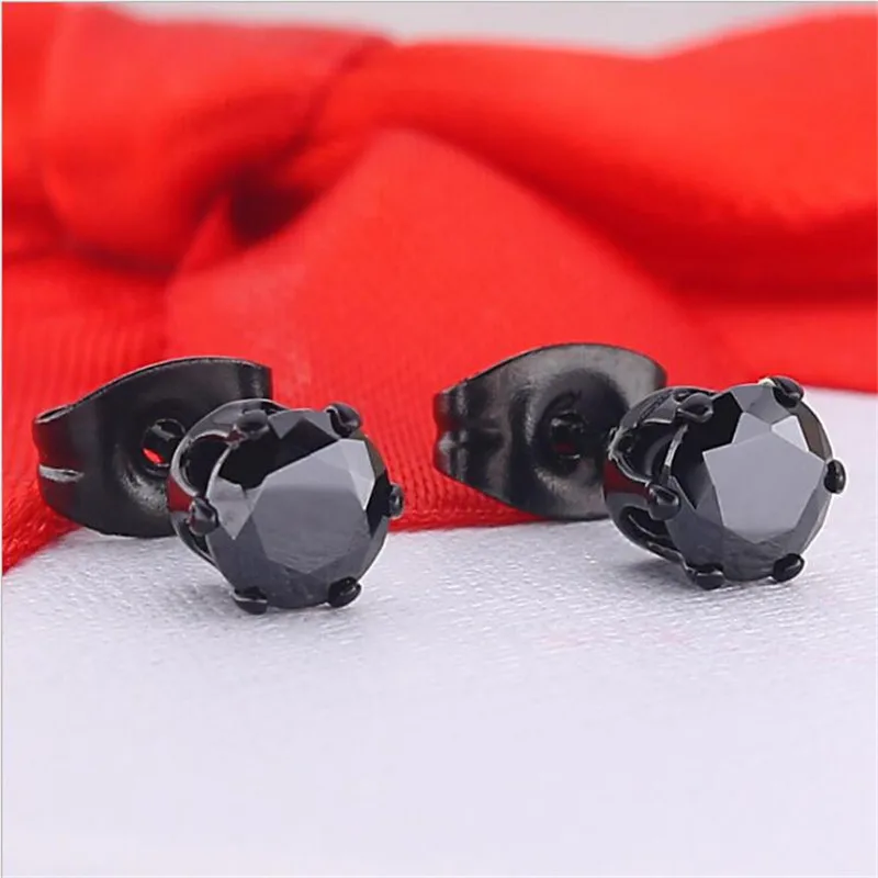 316 L Stainless Steel With AAA Black Round Zircon Stud Earrings Size From 2mm to 8mm