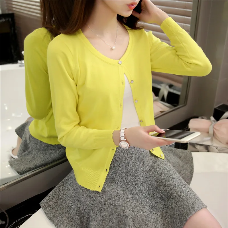 2024 spring summer the new film han edition of low round neck long sleeve knit pure color loose cardigan candy